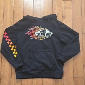Vans Black Hoodie with Multicolor Flame and Checkered Sleeve Boys Size M